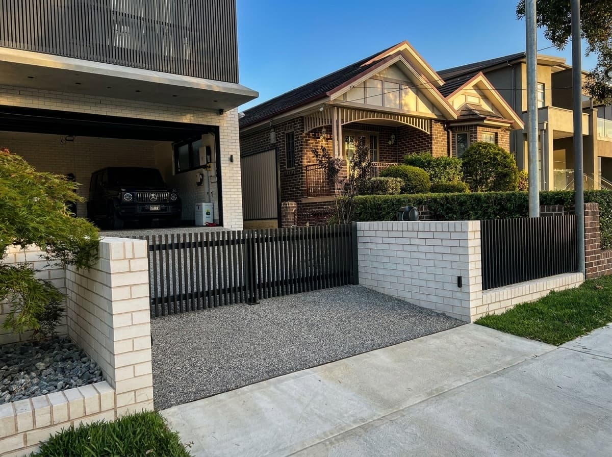 Sliding slat driveway gate with brick piers